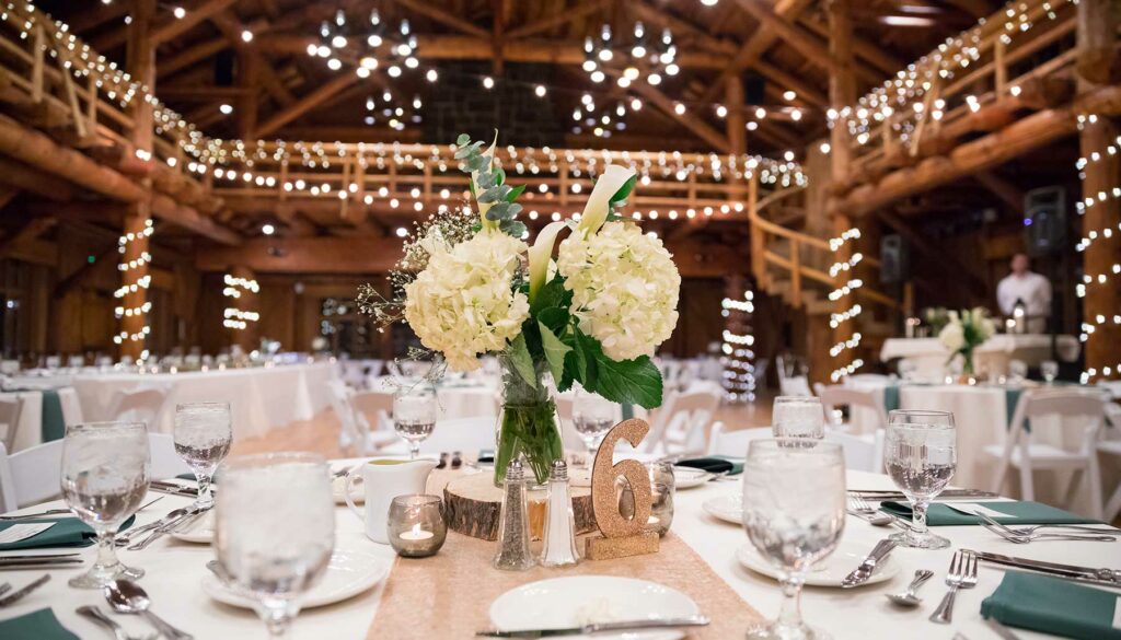 fancy table setting at a wedding reception, fairy lights