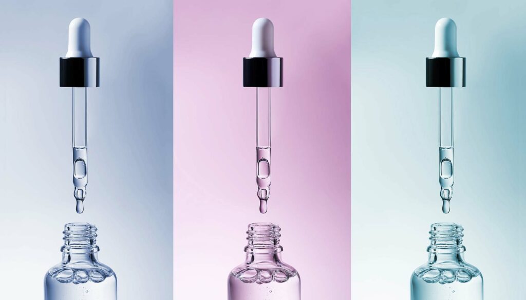 three cosmetic pipettes of retinol serum against blue, pink, and green backgrounds