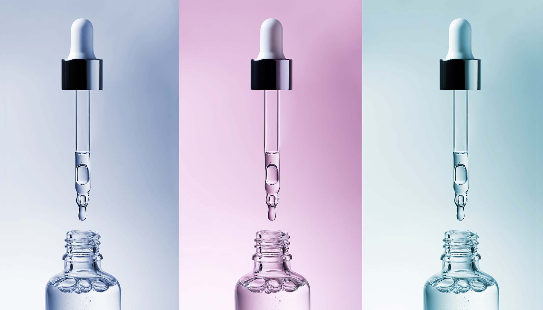three cosmetic pipettes of retinol serum against blue, pink, and green backgrounds