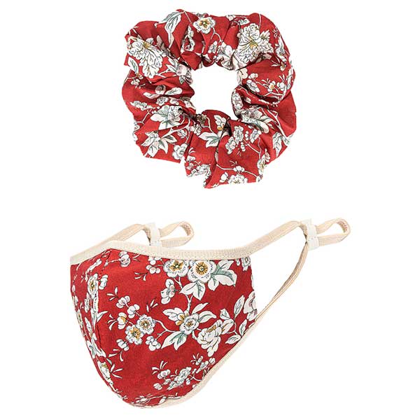 red floral print face mask with matching scrunchie from Lover + Friends