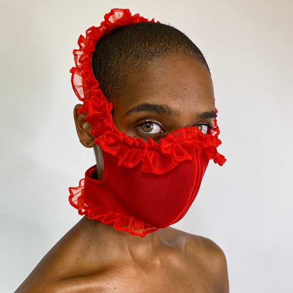 red ruffle face mask from Tia Adeola