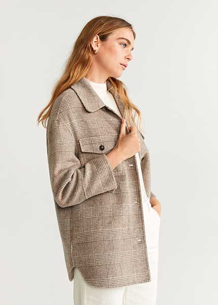 neutral checked wool-blend shacket / shirt jacket