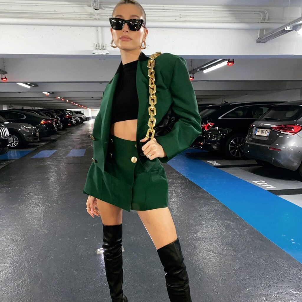 Hailey Bieber green outfit