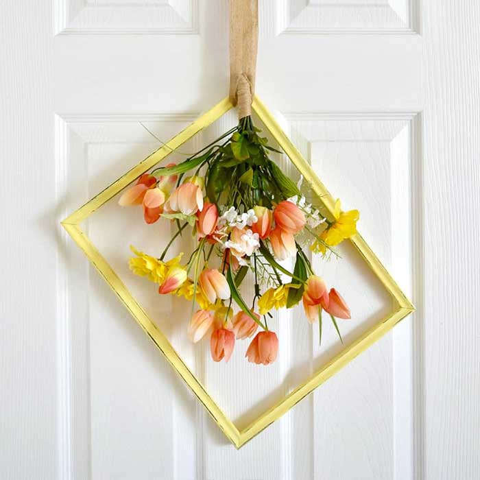 spring wreath made with a picture frame