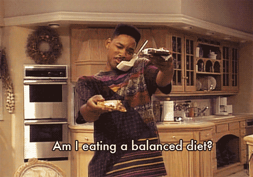 Will Smith on the Fresh Prince of Bel-Air, holding junk food and talking about eating a balanced diet
