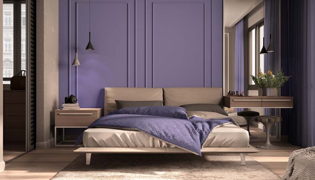 Minimal,Classic,Bedroom,In,Purple,Tones,With,Walk-in,Closet,,Double bedroom