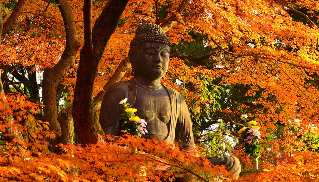 Buddha surrounded by autumn leaves, Kyoto Japan.