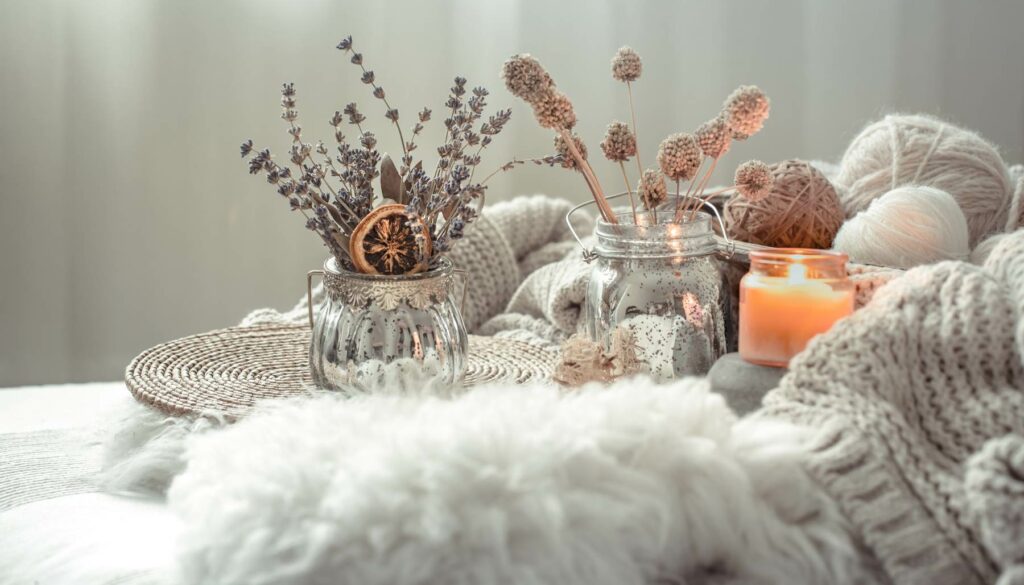 fall decorations and a candle