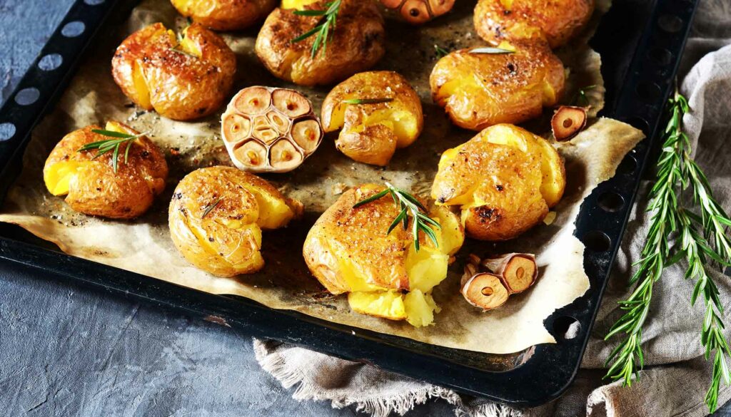 roasted smashed potatoes and garlic