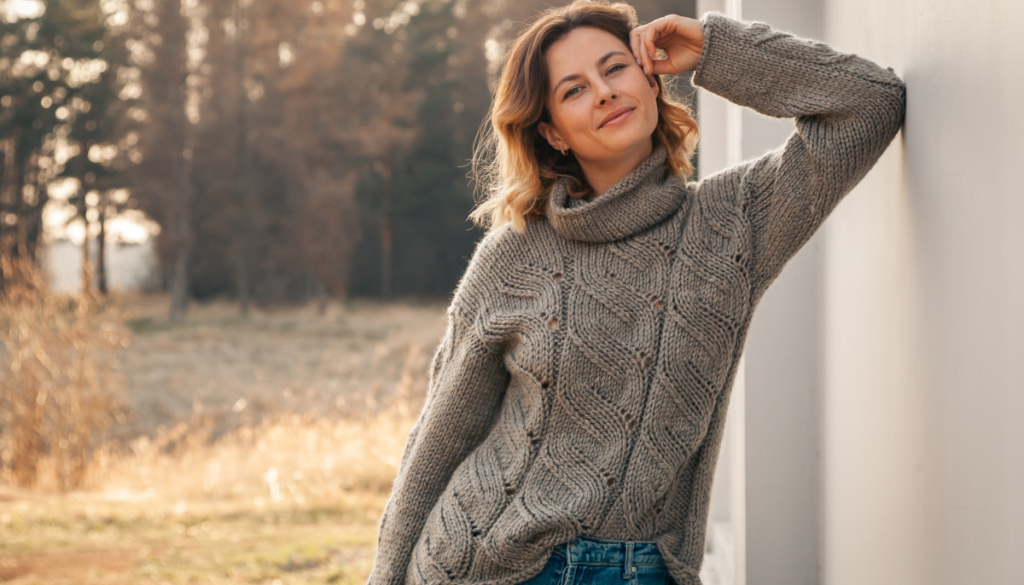 Woman in turtleneck knit sweater