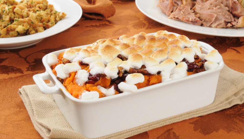 Sweet potato casserole topped with marshmallows