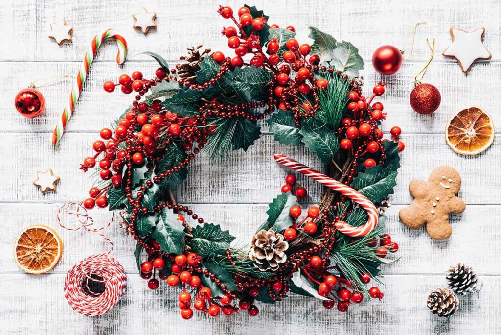 a holiday or Christmas themed seasonal wreath