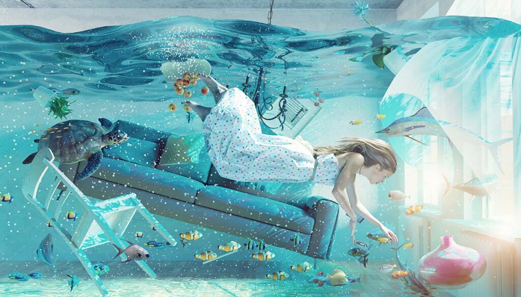 woman in surrealist concept with her whole living room filling up with water and tropical fish