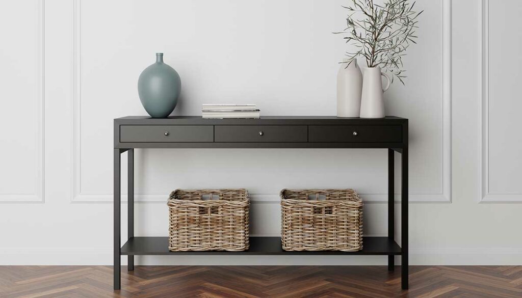 console table with woven basket storage