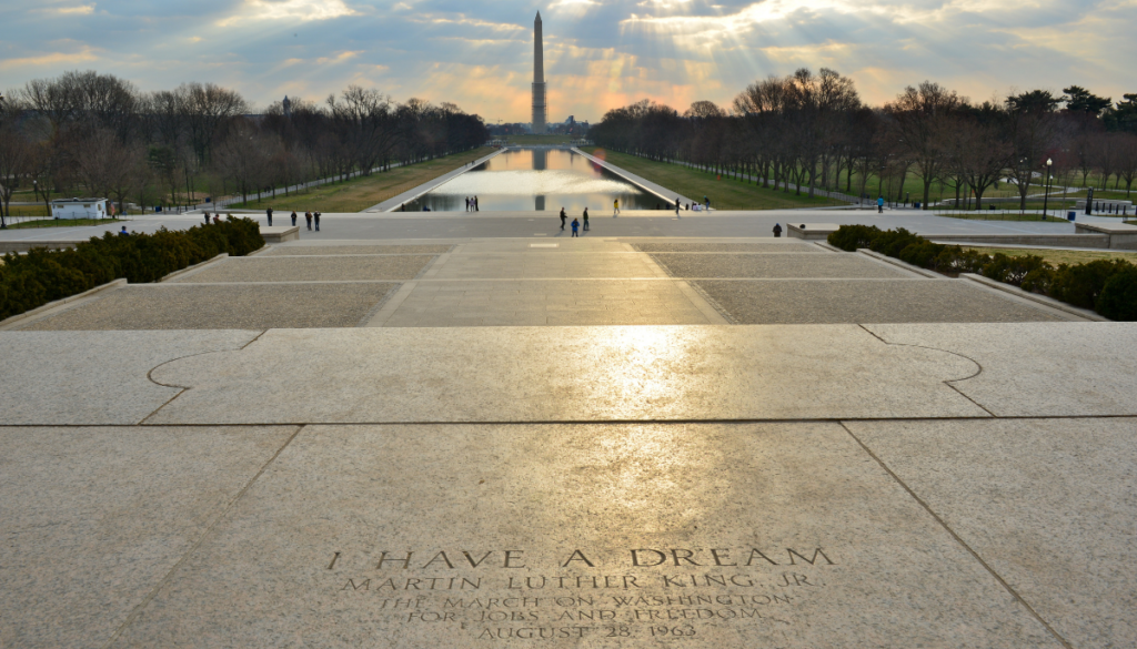 Perspective shot of MLK quote and Washington Monument