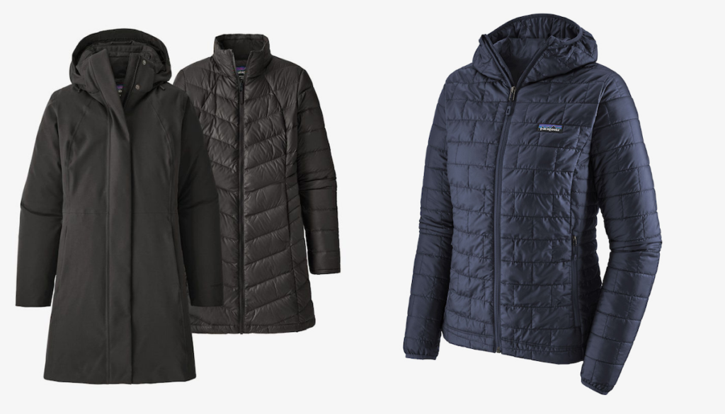 A black Patagonia multi-function parka, and a navy Patagonia micropuff hoodie. 
