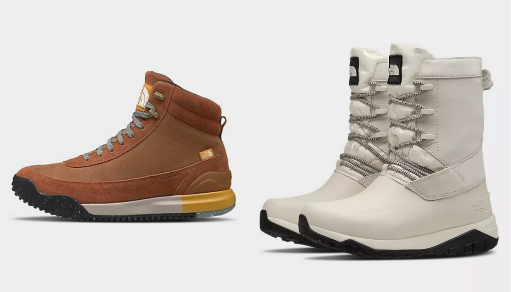 Men's and women's winter boots from The North Face. The men's pair is a reddish tan high-top sneaker, and the women's pair is a white pair of boots. 