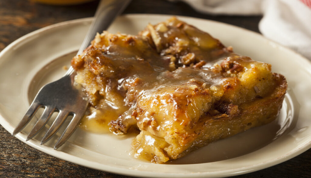 Homemade bread pudding on a plate 