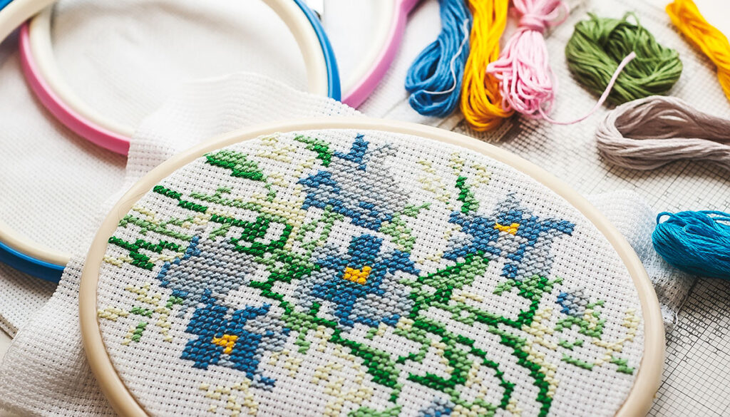 Counted cross-stitch in an embroidery hoop