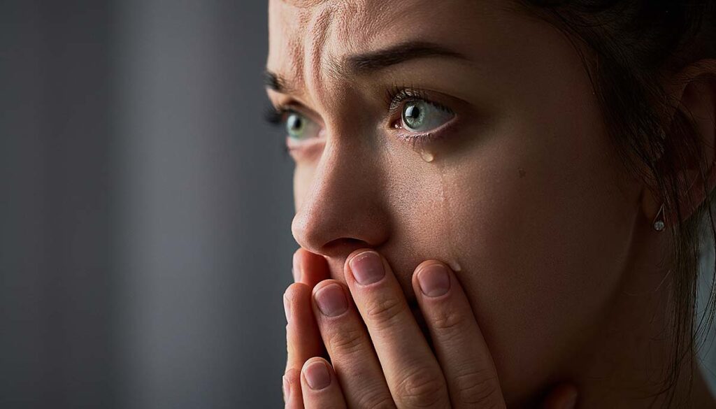 close up of woman crying with hands over mouth