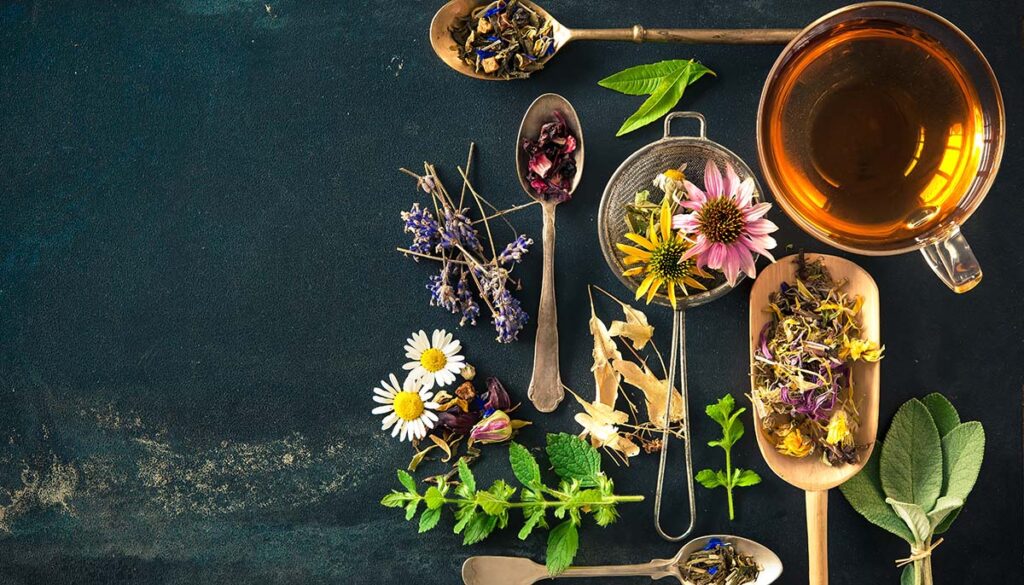 various herbs, flowers, and teas for curing anxiety