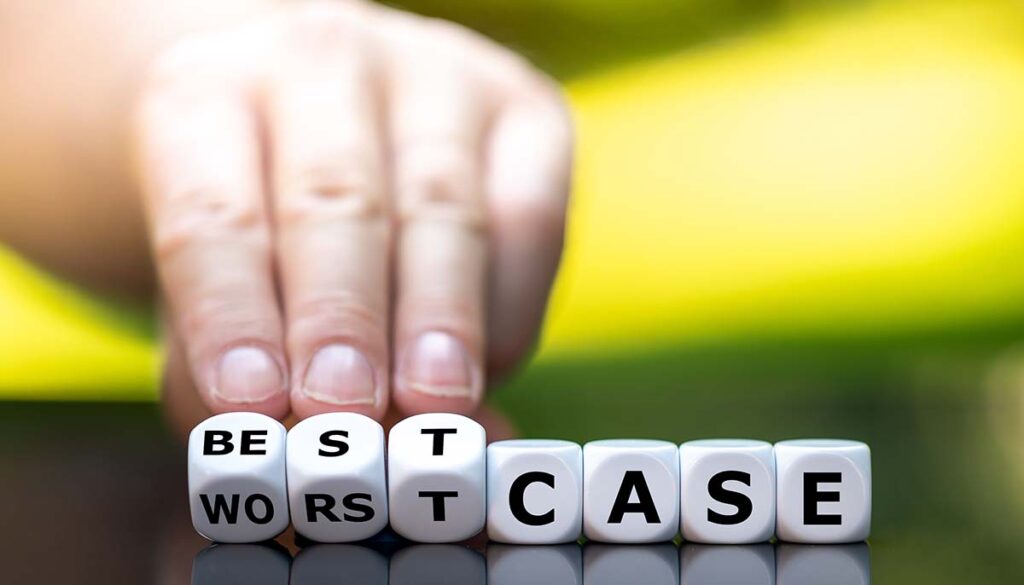 hands turning over dice changing from "worst case" to "best case" 