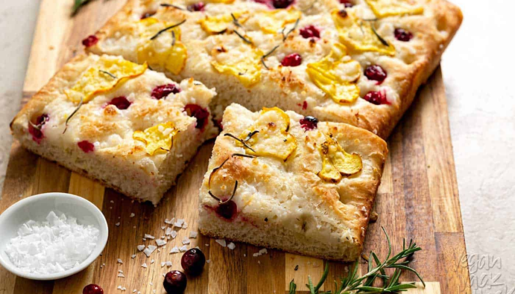 Focaccia bread with cranberries and winter vegetables