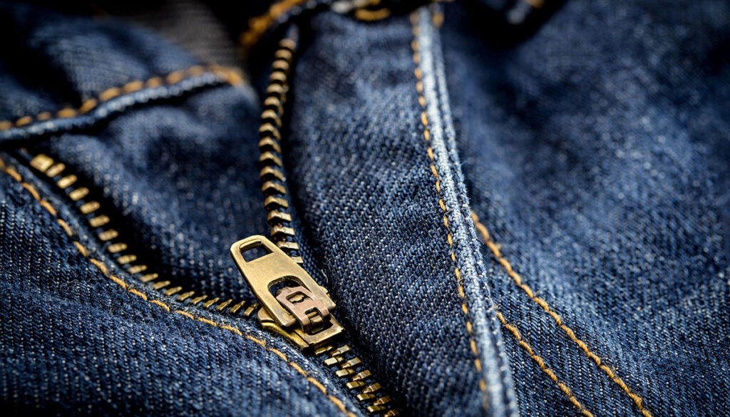 Close-up of a zipper in a pair of jeans