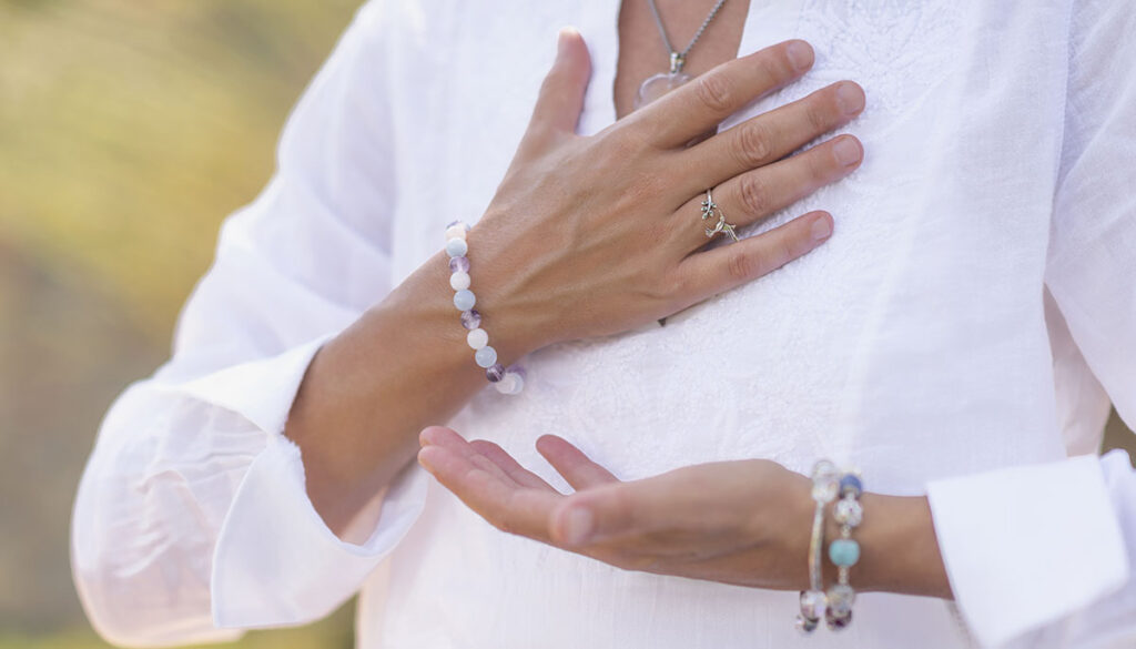 Wellbeing Coach, Middle Aged Woman Practicing Mindful Acceptance Meditation. Positive Mindset Concept