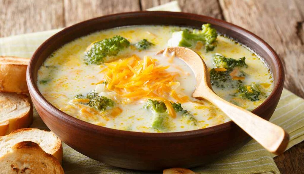 broccoli cheddar soup in a bowl