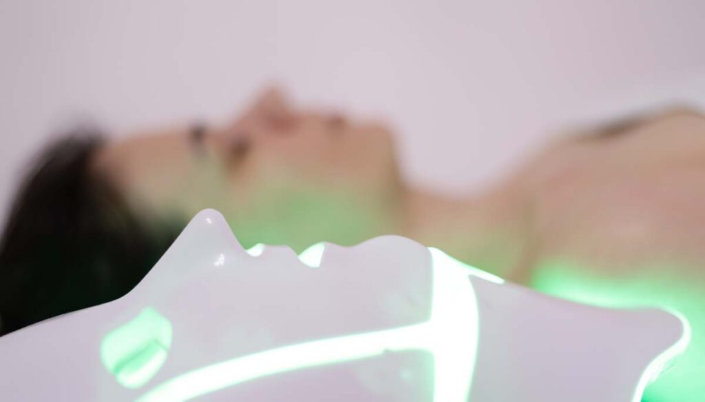 woman laying next to LED face mask with glowing green light