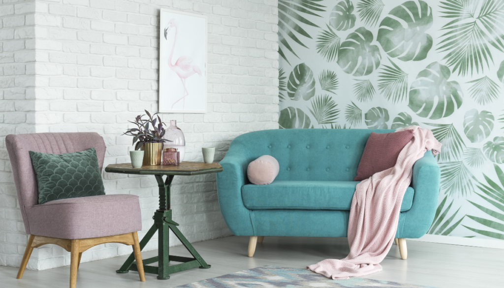 Couch in modern living room with pastel blanket