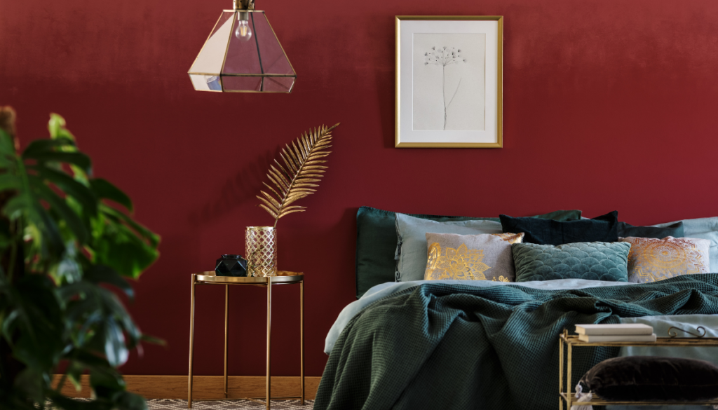 Maximalist bedroom with dark jewel tones
