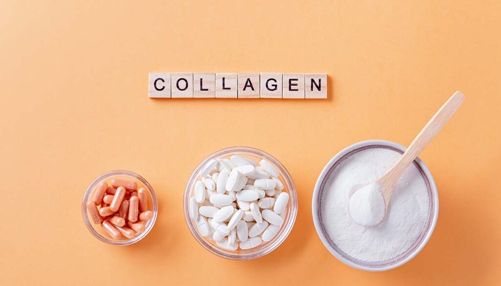 Different types of collagen for skin care flat lay with collagen quote made of wooden blocks