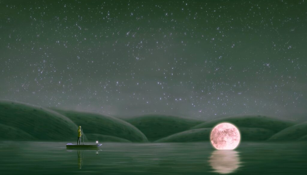 a person on a boat is sailing towards the moon
