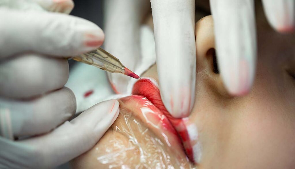 woman during professional permanent makeup procedure - lip blushing