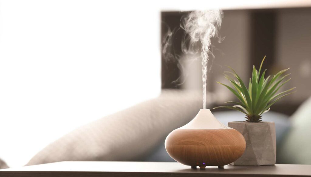 diffuser and plant sitting on a table