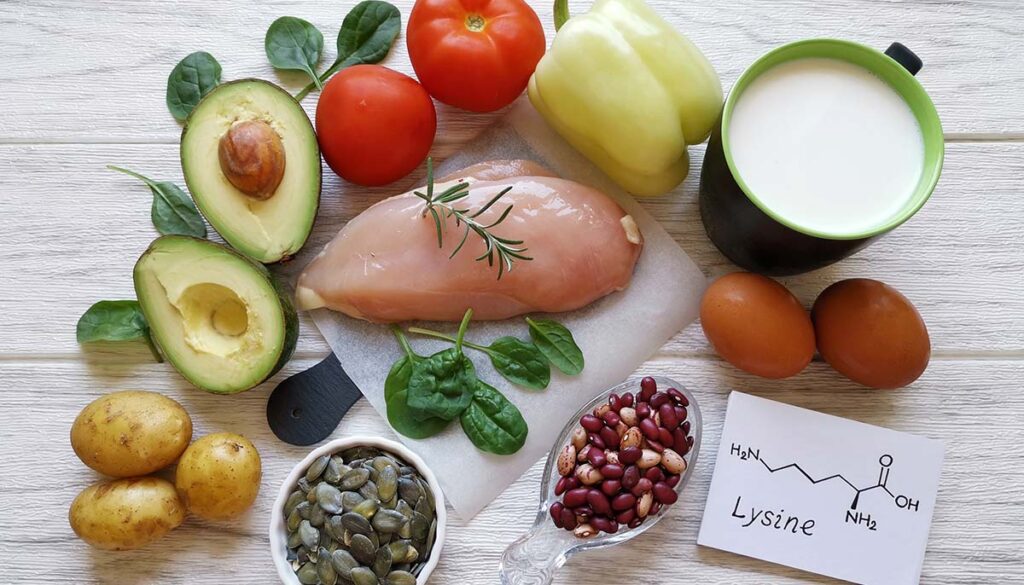 Foods rich in lysine (an essential amino acid) with structural chemical formula of lysine. Natural food sources of lysine. High protein food products: avocado, beans, milk, egg, chicken, spinach, etc.