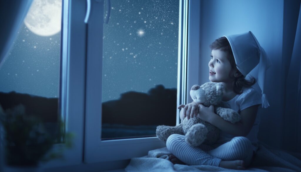 a child holds a teddy bear while looking up at the moon