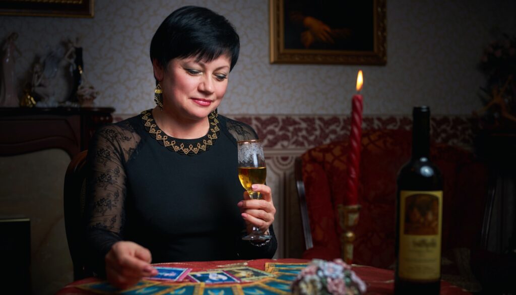 a woman reading tarot cards with a glass of wine