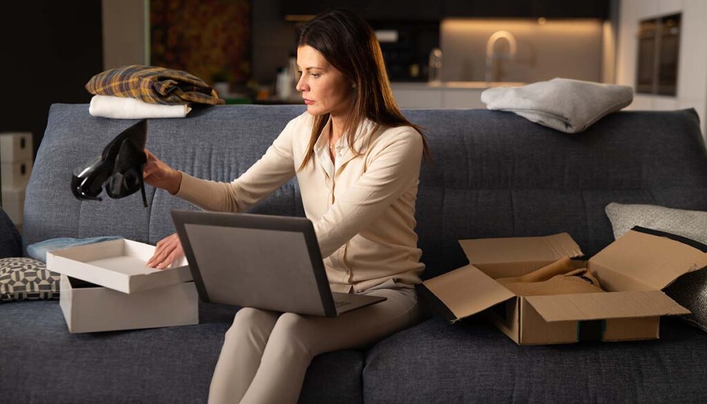 Woman is packing in mailing box used clothes and accessories from her wardrobe after decluttering and sorting it to sell with internet online marketplace app on laptop