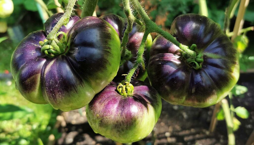 heirloom tomatoes growing on a plant