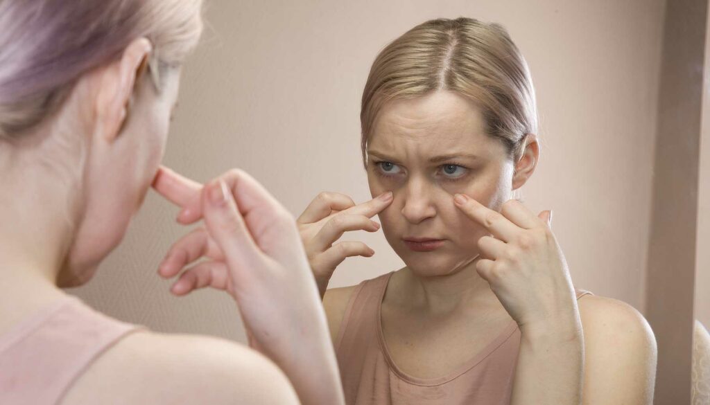 woman looking at eyes, face in the mirror