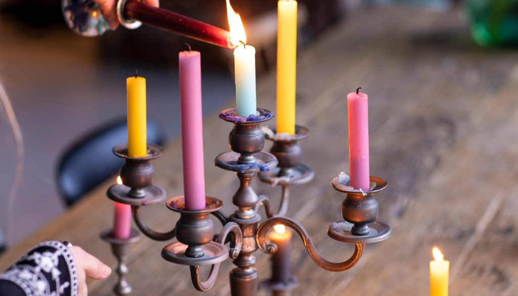 Candelabra with brightly colored tapered candles