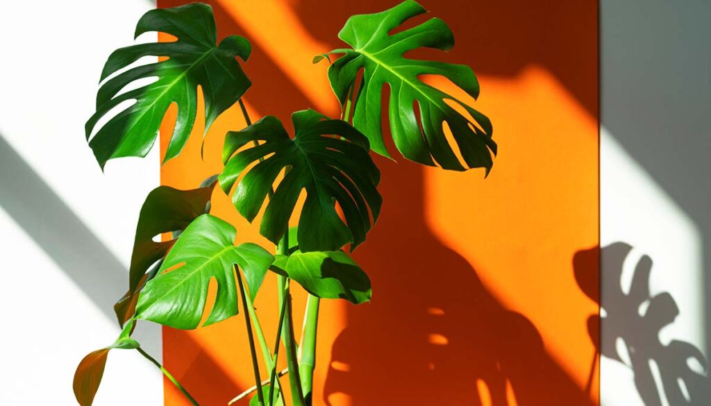 Monstera on a white and orange background.