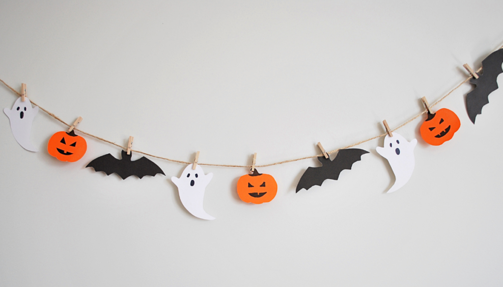 Banner with homemade halloween decorations