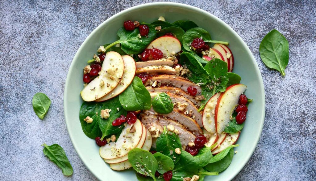 Grilled Chicken Spinach Salad With Apples and Walnuts