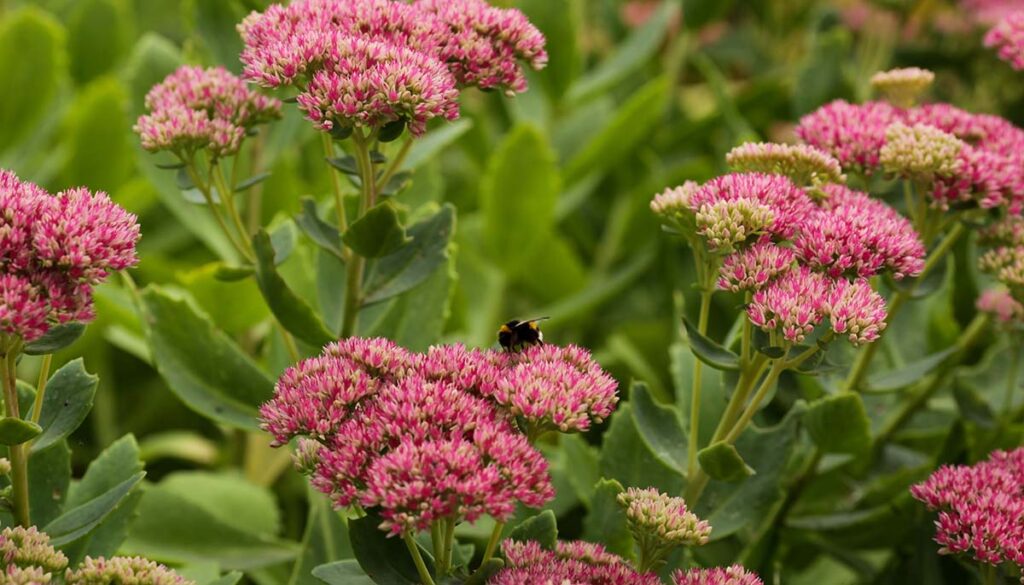 Sedum (Sedum spectabile) at autumn sunny day.