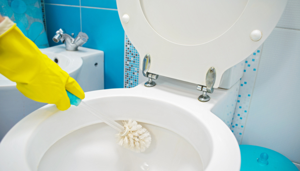 Hand in yellow rubber glove using toilet brush to clean toilet