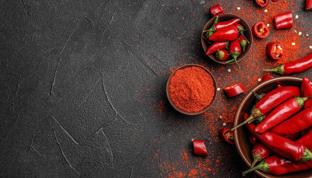 Flat lay composition with powdered and raw chili peppers on dark background. Space for text